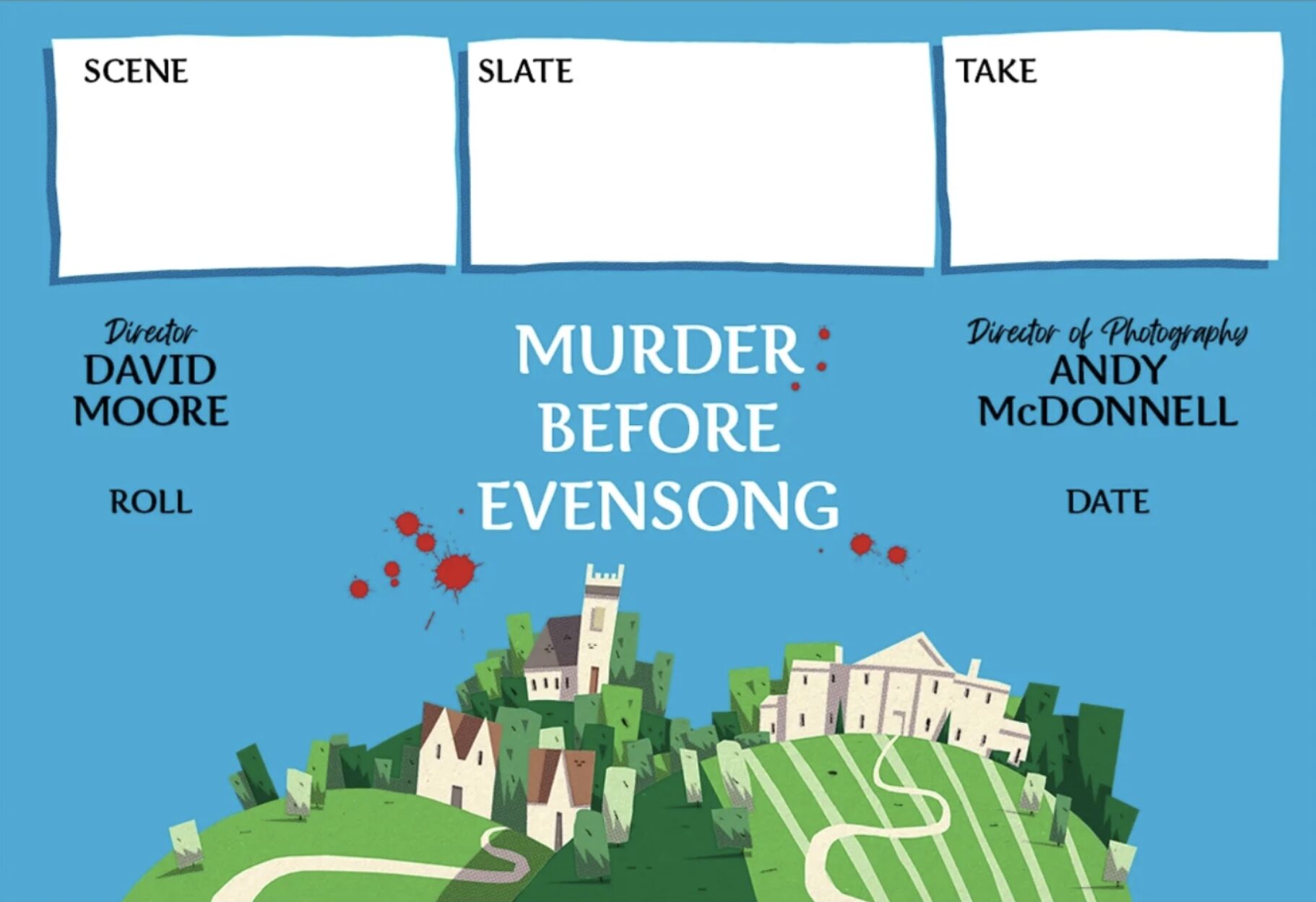 Murder Before Evensong Clapperboard by Alexander Jackson – Alexander Jackson’s Illustrated Clapperboards (illustrator) – Alexander Jackson’s Illustrated Clapperboards (Debut Art, illustrator) Alexander Jackson’s Illustrated Clapperboards (Debut Art, illustrator)